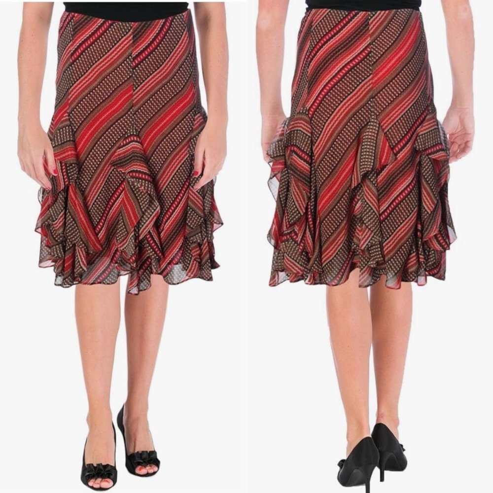 LAUREN Ralph Lauren Gored Ruffle Skirt Red Black Brown
